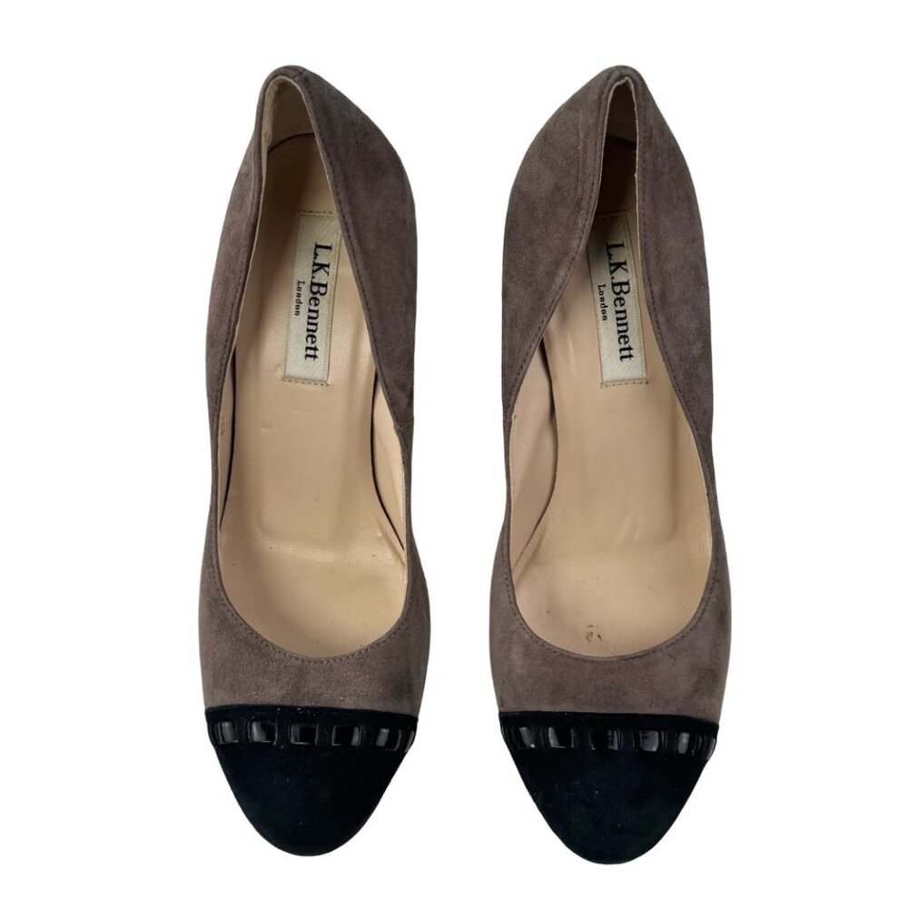L.K. BENNETT Womens Brown Black Suede Studded Cap Toe Heels Shoes 35 EUR